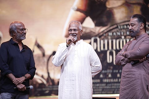 L to R: Rajinikanth, Mani Ratnam and Kamal Haasan on stage at PS - I trailer launch