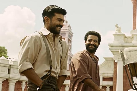 Actors Ram Charan and Jr NTR in RRR trailer
