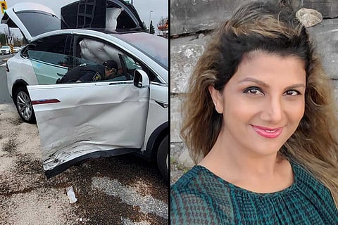 Image of car crash (L), and actor Rambha (R)