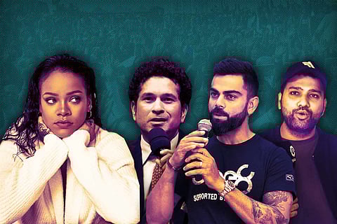 Collage of Rihanna, Sachin Tendulkar, Virat Kohli and Rohit Sharma 