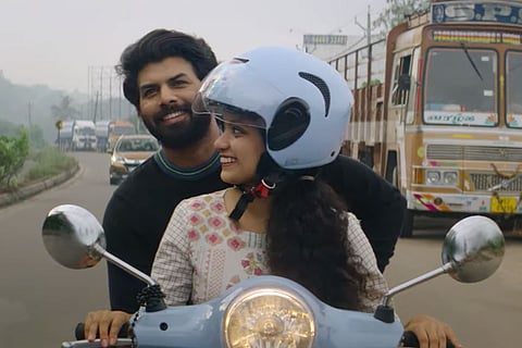 Anna Ben is seen driving a scooty, while Sunny Wayne is seated behind
