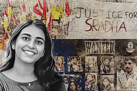 Stylised image of protests and Sradha Satheesh