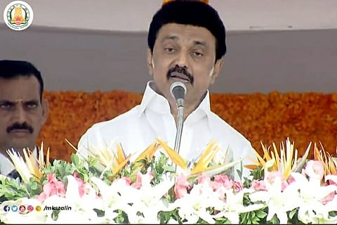 TN CM Stalin addressing the gathering during the 76th Independence day