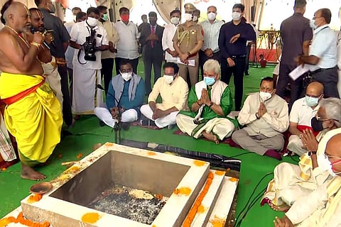 Foundation stone laid for Tirumala Tirupati Devasthanams temple in Jammu while priests perform a ritual 