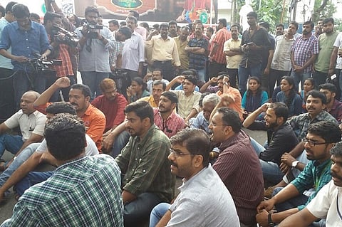 Journalists on a sit-in protest at Vanchiyoor court in Thiruvananthapuram following media-lawyers spat