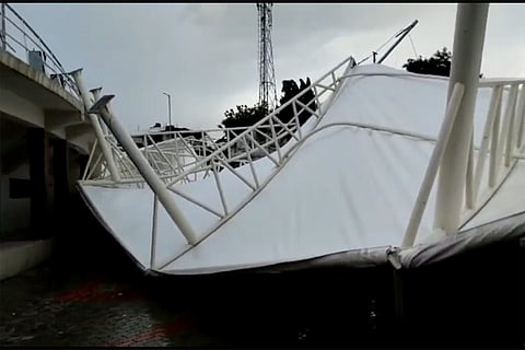 The collapsed roof of VOC Stadium, Tirunelveli, Tamil Nadu