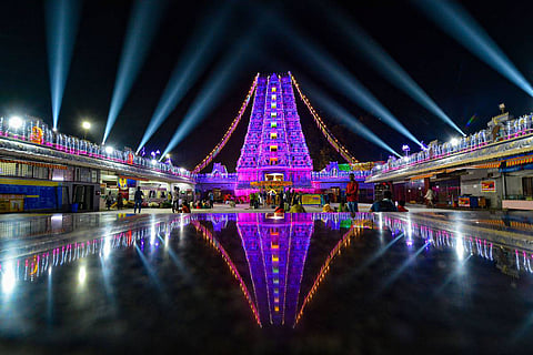 Kanaka Druga temple in Vijayawada lit up for Dasara