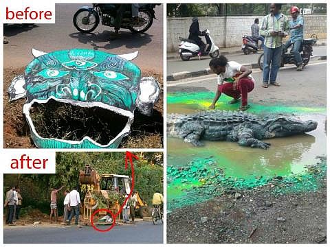 Bengaluru artist puts a 'crocodile' in city's pothole, BBMP swiftly fills it up