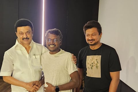 Mari Selvaraj with CM MK Stalin and Udhayanidhi Stalin