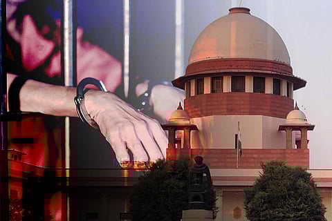 Supreme Court building juxtaposed with a jail cell