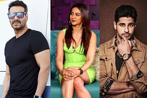 A collage of Ajay Devgn, Rakul Preet and Siddharth Malhotra