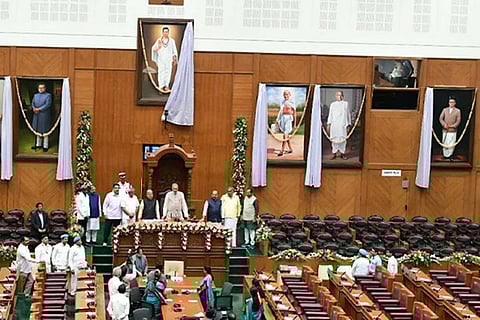 Portraits of Savarkar, Patel, Gandhi, Basavanna and BR Ambesdkar can be seen on the wall of the Karnataka assembly in Belagavi