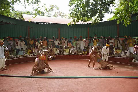 A sculptural display of kushti, or wrestling, an indigenous sport