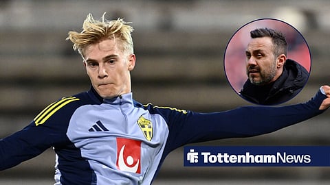 Lucas Bergvall in Sweden training, Tottenham Hotspur boss Roberto De Zerbi in inset.