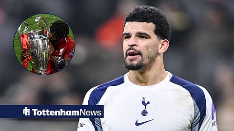Dominic Solanke in action for Tottenham, with Divock Origi kissing Champions League trophy in a circular frame inset