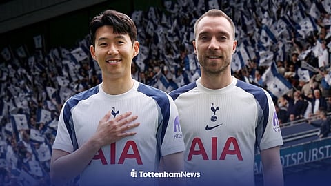 Son Heung-Min and Christian Eriksen in Tottenham shirts ahead of the Tottenham Hotspur Stadium