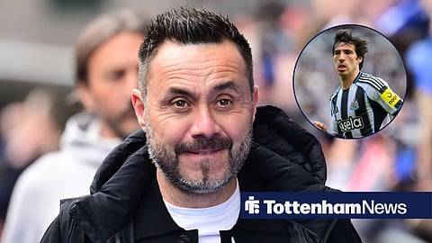 Roberto De Zerbi smiling with Sandro Tonali playing for Newcastle in circular inset