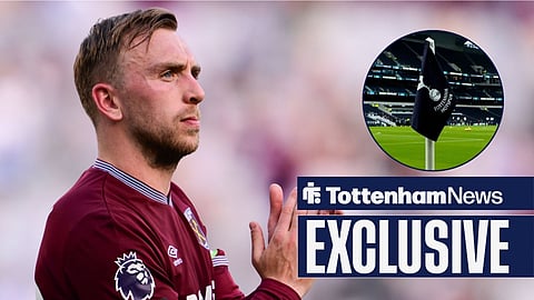Jarrod Bowen playing for West Ham and circle inset of Tottenham Hotspur Stadium