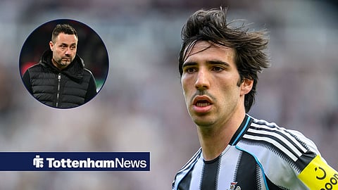 Newcastle United midfielder Sandro Tonali and a circular inset of Tottenham boss Roberto De Zerbi
