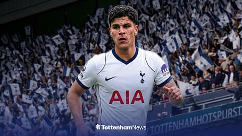 Mateus Fernandes wearing a Tottenham Hotspur shirt, with the Tottenham Hotspur Stadium as the background.