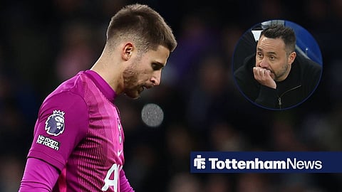 Guglielmo Vicario looking annoyed playing for Tottenham towards a circle inset of Roberto De Zerbi looking disappointed