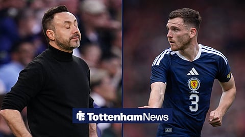 A side-by-side image of Tottenham manager Roberto De Zerbi, and Andrew Robertson playing for Scotland