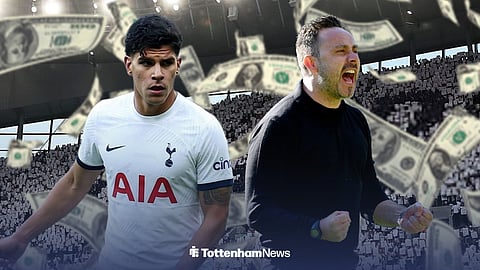 Mateus Fernandes in a Tottenham kit, with Roberto De Zerbi celebrating alongside him and dollar notes in the air