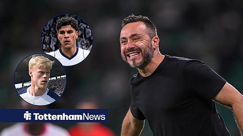 Tottenham head coach Roberto De Zerbi, with Jan Paul van Hecke and Mateus Fernandes in circle elements