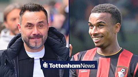 Split image of Tottenham boss Roberto De Zerbi staring on the sidelines and Eli Junior Kroupi smiling while celebrating a goal
