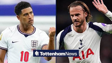 Jude Bellingham celebrating for England vs Croatia at 2026 FIFA World Cup and James Maddison in action for Tottenham.