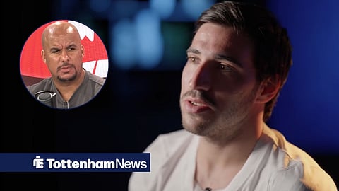 Sandro Tonali speaking in a Tottenham interview looking towards a circle inset of Gabby Agbonlahor looking annoyed on talkSPORT
