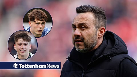 Tottenham youth duo Mikey Moore and Will Lankshear in action next to Roberto De Zerbi manager of Tottenham Hotspur prior to kick off during the Sunderland v Tottenham Hotspur Premier League match at the Stadium of Light, Sunderland, England on 12 April 2026