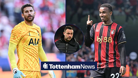 Tottenham goalkeeper Guglielmo Vicario, Tottenham manager Robert De Zerbi in a circular inset, and Bournemouth forward Eli Junior Kroupi