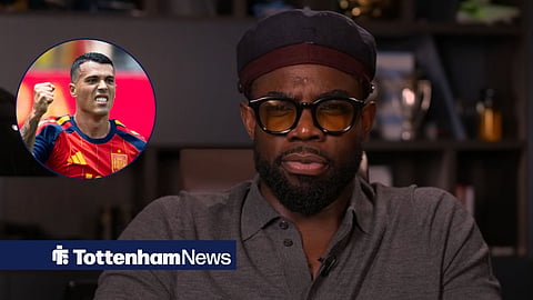 Micah Richards speaking on The Rest is Football, with Pedro Porro in a circular frame inset