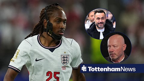 Djed Spence playing for England, Tottenham manager Roberto De Zerbi and Alan Shearer in circular insets
