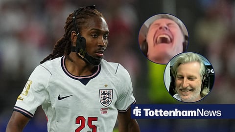 Tottenham defender Djed Spence playing for England, and Chris Sutton and Robbie Savage in circular insets