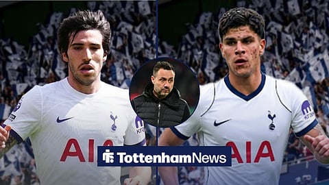 A side-by-side image of Tottenham signings Sandro Tonali and Mateus Fernandes, and a circular inset of Tottenha boss Roberto De Zerbi.
