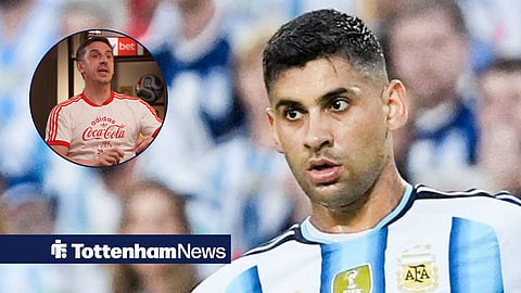 Tottenham defender Cristian Romero playing for Argentina, and a circular inset of Gary Neville on Stick to Football