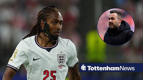Djed Spence playing for England, and Tottenham head coach Roberto De Zerbi