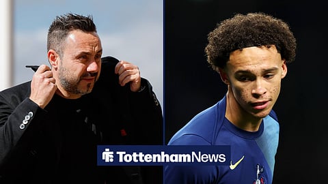 Roberto De Zerbi straightens his jacket, while Malachi Hardy warms up alongside him in a split image
