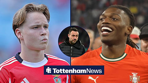 Andreas Schjelderup and Rafael Leao in a side-by-side image, and Tottenham manager Roberto De Zerbi in a circular inset