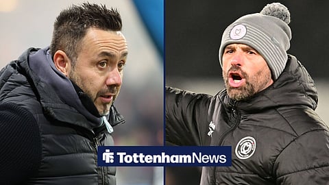 Tottenham manager Roberto De Zerbi and MK Dons manager Paul Warne
