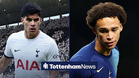 Mateus Fernandes in a Tottenham kit with Malachi Hardy warming up for Tottenham