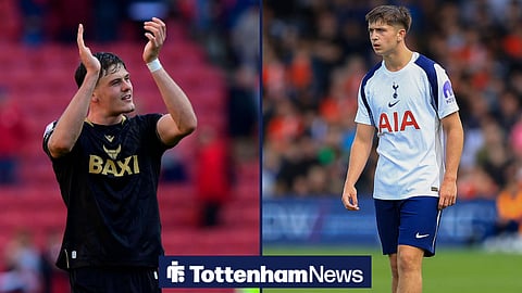 Will Lankshear applauding Oxford fans in image split with Mikey Moore playing for Tottenham