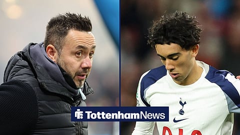 Roberto De Zerbi looking on from the touchline with Luca Williams-Barnett in action for Tottenham