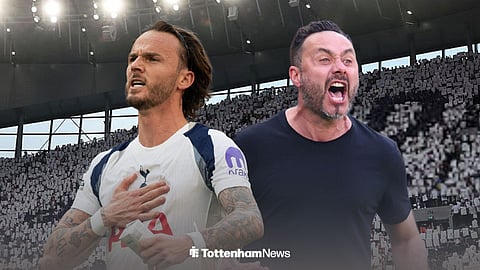 James Maddison in a Tottenham shirt and Roberto De Zerbi