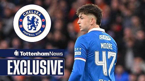 Tottenham's Mikey Moore in action for Rangers, Chelsea badge in inset