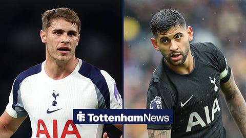 Tottenham defenders Micky van de Ven and Cristian Romero in a side-by-side image
