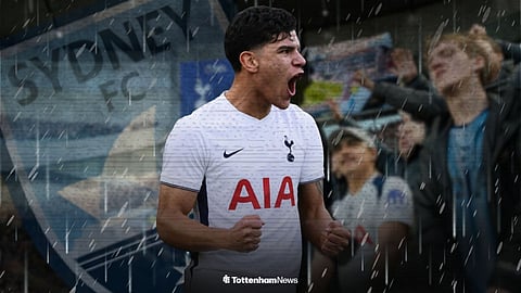 Mateus Fernandes celebrating for Tottenham next to a Sydney FC badge