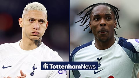 Richarlison on the left looking upset and Mathys Tel on the right celebrating